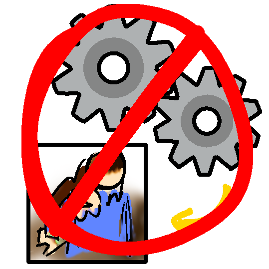 a cartoony drawing of two interlocking gray metal gears with a yellow arrow under them pointing to an ambiguous drawing resembling a caucasian person wearing a blue shirt holding something. the whole drawing has a big red not allowed sign, a red circle with a line through it over it